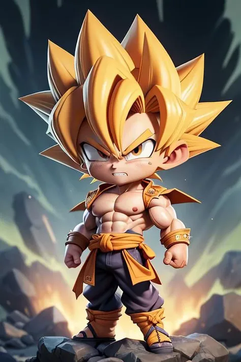 (masterpiece, best quality), intricate details, artstation, wallpaper, official art, splash art, storm in background, sharp focus, 1boy, (photorealistic:1.2) (bokeh) (best quality) (detailed skin:1.3) (intricate details) (8k) (detailed eyes) (sharp focus) son goku, angry, battle damage, blonde hair, blue sash, clenched teeth, furious, green eyes, male focus, muscular, muscular male, pectorals, sash, solo, spiked hair, super saiyan, super saiyan 1, teeth, topless male, torn clothes, wristband,full body, chibi <lora:goku_black1-10:0.7>,<lora:GoodHands-beta2:1>, cartoon rendering