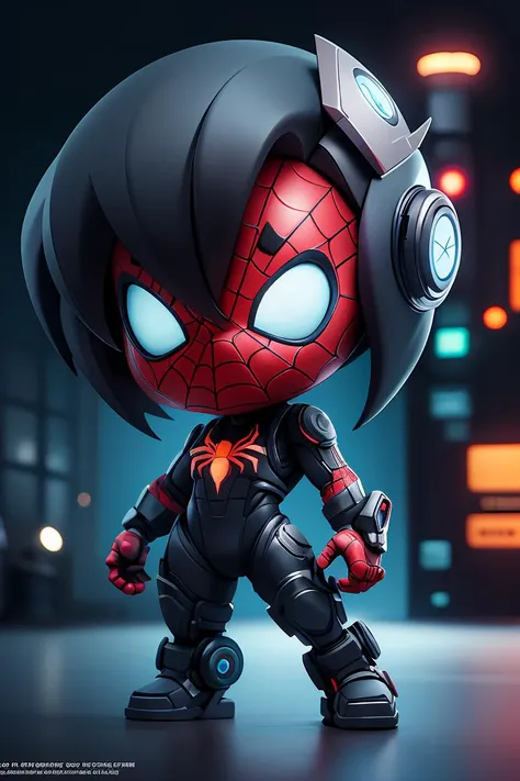 chibi, masterpiece, best quality, original, official art,gloomy portrait of Bloody Spider_Man from Marvel with intricate angular cybernetic implants inside a brutalist building, gothic brutalist cathedral, cyberpunk, bokeh, neon lights, cybernetic limb, trending on artstation,Space Stage,<lora:GoodHands-beta2:1>, cartoon rendering,