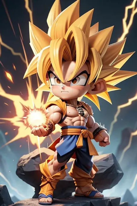 (masterpiece, best quality), intricate details, artstation, wallpaper, official art, splash art, storm in background, sharp focus, 1boy, (photorealistic:1.2) (bokeh) (best quality) (detailed skin:1.3) (intricate details) (8k) (detailed eyes) (sharp focus) son goku, angry, battle damage, blonde hair, blue sash, clenched teeth, furious, green eyes, male focus, muscular, muscular male, pectorals, sash, solo, spiked hair, super saiyan, super saiyan 1, teeth, topless male, torn clothes, wristband,full body, chibi <lora:goku_black1-10:0.7>,<lora:GoodHands-beta2:1>, cartoon rendering