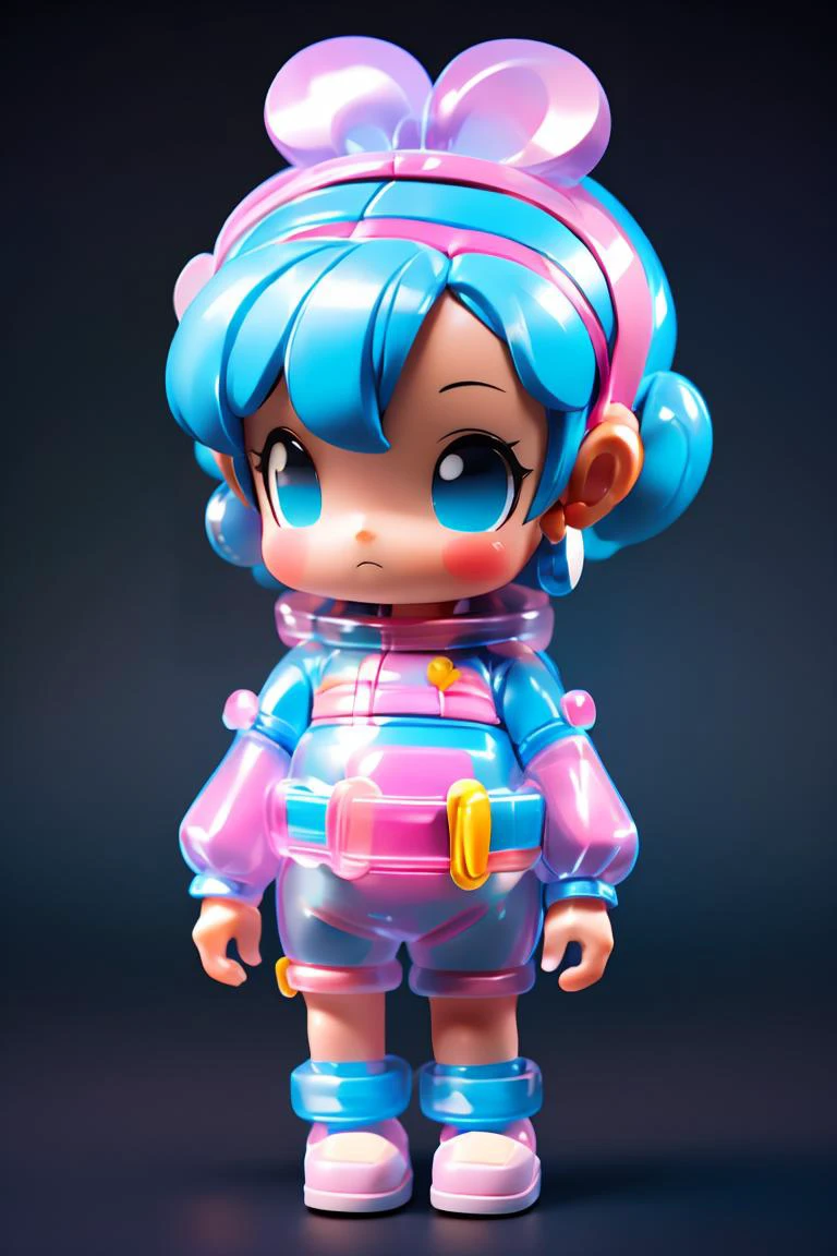 full-length (plastic toys:1.3) plastic toy MEDICOM, plastic clothing. As hand made toys style, looking at the camera, pastel colors, matte plastic, dark background, more detail <lora:toys:1>, <lora:CrystallineAI-000009:0.5>,chibi