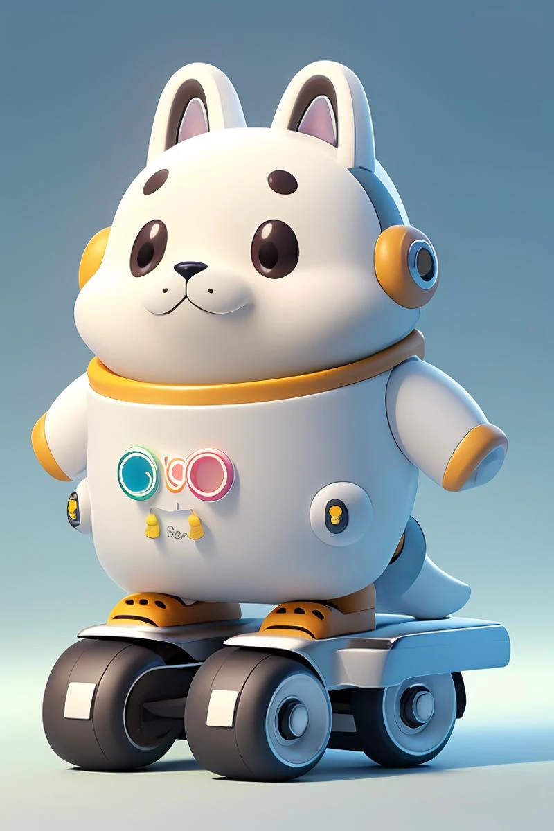 no human,Studio Ghibli, dog robot, t-shirt, solo, roller_skates, clean background, masterpiece, best quality,<lora:cute robota_v1:0.75>, cartoon rendering, animal focus
