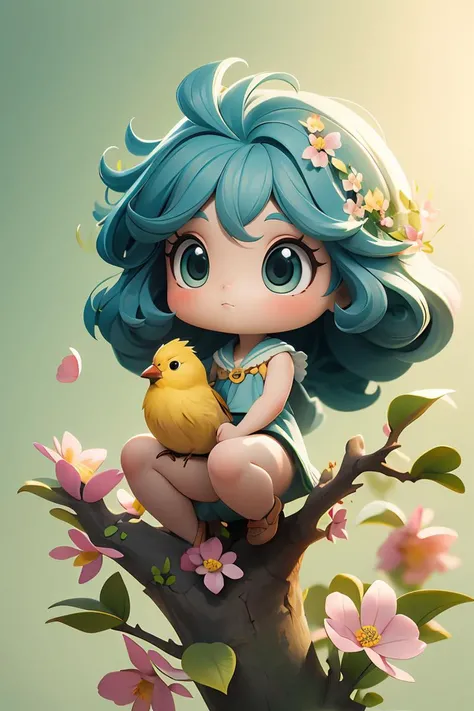 a tiny finch on a branch with spring flowers on background:1,aesthetically inspired by Evelyn De Morgan,art by Bill Sienkiewicz and Dr. Seuss,ray tracing,volumetric lighting,octane render,chibi,