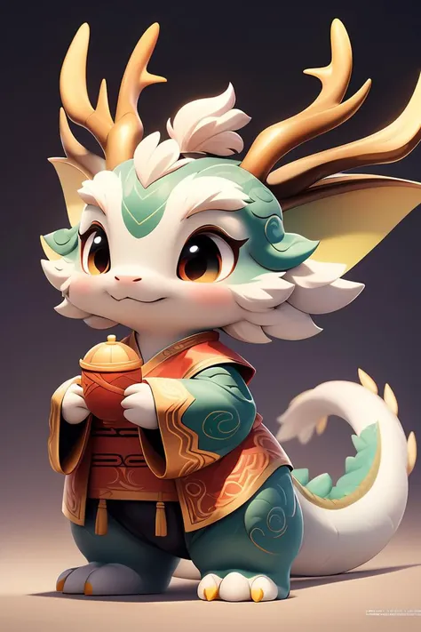 chibi, masterpiece, best quality, original, official art,full body,A cute Chinese dragon, antlers, two hands,Pink dragon scales, standing, anthropomorphic, big eyes, bright light, beautiful light,  surreal,blurred background,,<lora:GoodHands-beta2:1>, cartoon rendering,