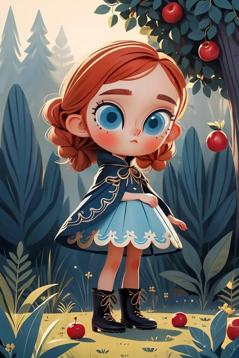 masterpiece, best quality, original, official art,  (an extremely delicate and beautiful),chibi,David, pencil pastel, children's picture book style,Girl, red hair, little braids, big blue eyes, dark blue lace skirt, black gold cape, black boots, apples, fruits, trees, grass, trees, lawns, bushes,<lora:David:0.6>, <lora:GoodHands-beta2:1>, cartoon rendering,