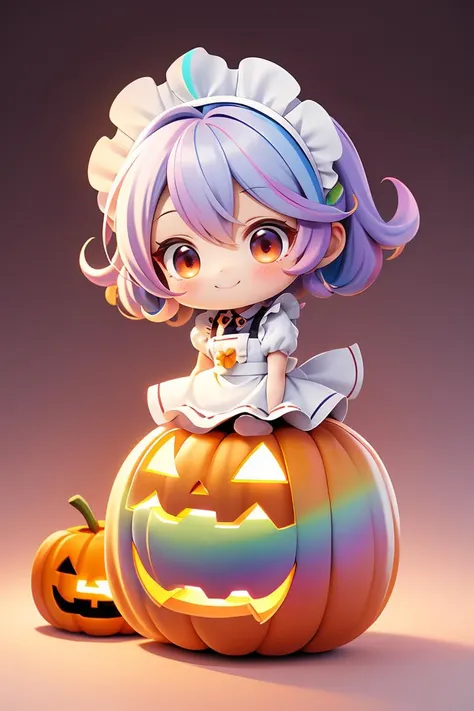 chibi, masterpiece, best quality, original, official art,Cute,full body,1 maid,beautiful eye,colorful ombre hair,rainbow gradient ,3 jack-o'-lantern,outfit,smilling,bokeh,bloom,blurred background,,<lora:GoodHands-beta2:1>, cartoon rendering,