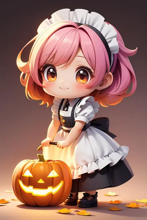 chibi, masterpiece, best quality, original, official art,Cute,full body,1 maid,beautiful eye,colorful ombre hair,rainbow gradient ,3 jack-o'-lantern,outfit,smilling,bokeh,bloom,blurred background,,<lora:GoodHands-beta2:1>, cartoon rendering,