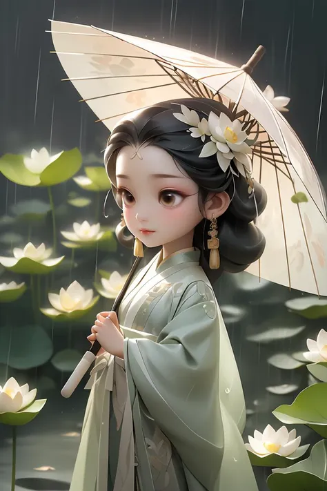 chibi, A woman holds a oil-paper umbrella on her shoulder to shelter from the rain as part of a fashion event in the style of Yue Xiaofei,light jade,ethereal dream,Tang Youhong,elegant,detailed design,dansaekhwa Joil-paper umbrellachinese clothesholding umbrellarain (Milky skin, shiny skin:1.3)(lotus leaf:1.2),<lora:GoodHands-beta2:1>,<lora:ç»ªå¿-ä¼ä¸­ä»oil paper umbrella:0.8>