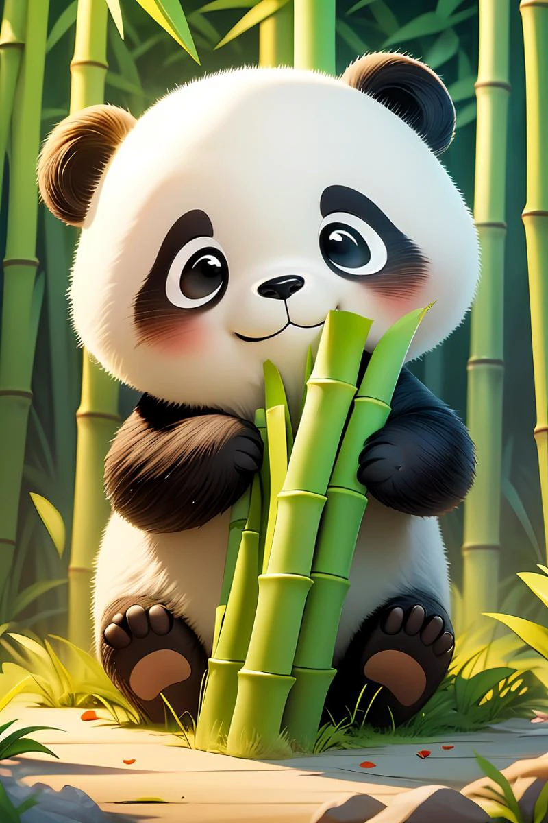 chibi, masterpiece, best quality, original, official art,no humans,((glossy eyes)),Cute,full body,panda, holding bamboo shoots, sitting, solo, looking at viewer,bamboo forest background, Unreal Engine, cartoon rendering,<lora:GoodHands-beta2:1>,