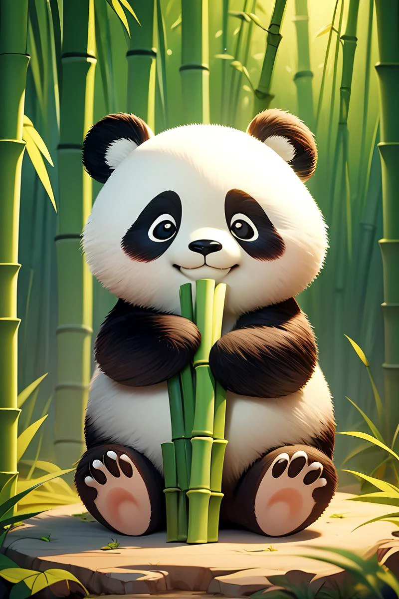 chibi, masterpiece, best quality, original, official art,no humans,((glossy eyes)),Cute,full body,panda, holding bamboo, sitting, solo, looking at viewer,bamboo forest background, Unreal Engine, cartoon rendering,<lora:GoodHands-beta2:1>,