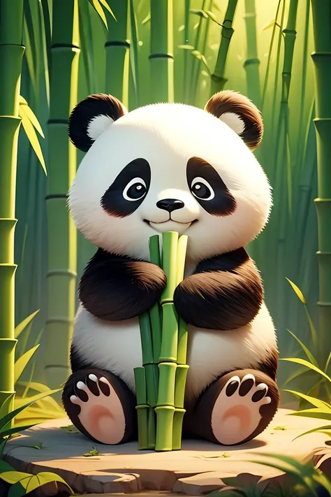 chibi, masterpiece, best quality, original, official art,no humans,((glossy eyes)),Cute,full body,panda, holding bamboo, sitting, solo, looking at viewer,bamboo forest background, Unreal Engine, cartoon rendering,<lora:GoodHands-beta2:1>,