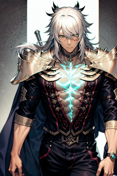 in the style of <lora:siegfried-000004:1>, 1 boy, solo, masterpiece, long hair, green eyes , white hair, cape,  ,muscular,  glowing tatto chest,shoulder amor , face scar