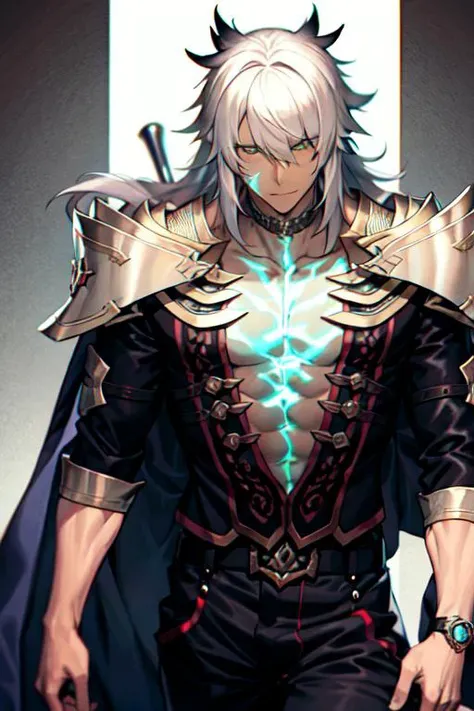 in the style of <lora:siegfried-000004:1>, 1 boy, solo, masterpiece, long hair, green eyes , white hair, cape, ,muscular, glowing tatto chest,shoulder amor , face scar