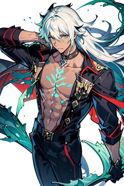 <lora:siegfried-000003:0.8>, 1 boy, solo, masterpiece, long hair, green eyes , white hair, cape, huge body ,muscular, little dark skin, glowing tatto chest,