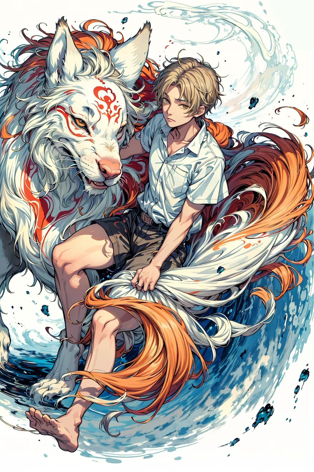 (best quality), (masterpiece),(ultra-detailed:1.1),floating colorful ink,flat color,upper body,color Ink wash painting ,
1boy, with huge wolf,
<lora:natsumebof_natsume-09:0.9> natsume takashi, brown eyes,white short sleeve shirt,
bokeh ,ink splashing,
swirling ,paper,wind,(abstract background:1.1),
<lora:flat2:-0.5>,