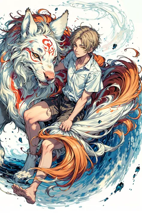 (best quality), (masterpiece),(ultra-detailed:1.1),floating colorful ink,flat color,upper body,color Ink wash painting ,
1boy, with huge wolf,
 <lora:natsumebof_natsume-09:0.9> natsume takashi, brown eyes,white short sleeve shirt,
bokeh ,ink splashing,
swirling ,paper,wind,(abstract background:1.1),
 <lora:flat2:-0.5>,