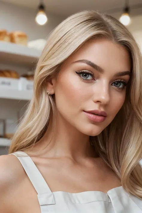 closeup headshot of S208_SophieSaint,a beautiful woman,in a (bakery:1.1),wearing an (apron:1.1),(8k, RAW photo, best quality, depth of field, ultra high res:1.2),(absurdres, intricate, photorealistic, masterpiece, ultra-detailed:1.3),
