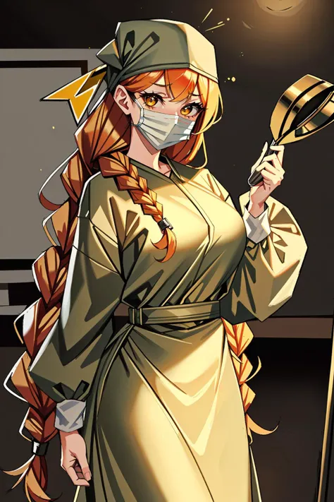 ((masterpiece, best quality, high quality)),1girl, , <lora:ConceptClothingSurgicalOutfit1_1:0.95> ((surgical outfit, surgical mask, long sleeves,long dress, surgical cap,latex gloves, folded hair)), <lora:Lydia Granger:0.7> (lydia granger, oc 07, 1girl, long hair, large breasts, yellow eyes, red hair, swept bangs, crown_braid),