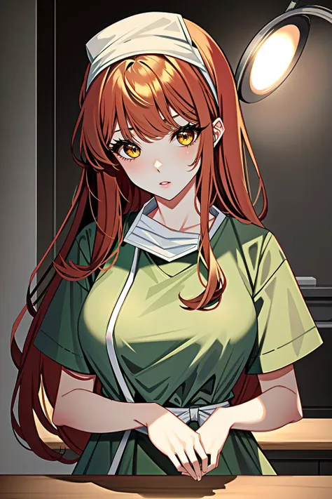 ((masterpiece, best quality, high quality)),1girl, <lora:Lydia Granger:0.6> (lydia granger, oc 07, 1girl, long hair, large breasts, yellow_eyes, red_hair, swept bangs), <lora:concept_surgical_mask_open_v2_1:0.95> (surgical_mask_open, looking at viewer, upper body),