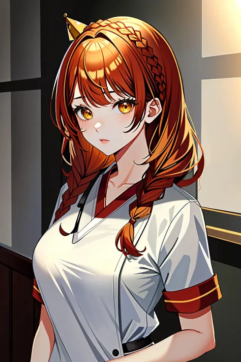 ((masterpiece, best quality, high quality)),1girl, <lora:Lydia Granger:0.7> (lydia granger, oc 07, 1girl, long hair, large breasts, yellow_eyes, red_hair, swept bangs, crown braid), <lora:ClothingMedicalScrubs0:0.9> (scrubs, medical scrubs),