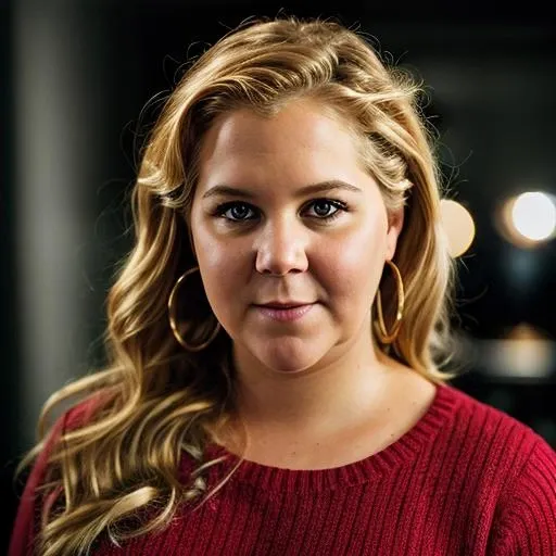 <lora:amy schumer v1.1:1> a Realistic portrait of a amy schumer, looking at the viewer, detailed face, detailed eyes, (smiling showing teeth:1.1), perfect slim body, modelshoot style, hand on own shoulder, wearing a red sweater with long sleeves, wearing gold earrings and jewelry, soft lighting, professional Photography, Photorealistic, detailed, standing in a dark Studio Room background, blurred background, RAW, analog, sharp focus, 8k, HD, DSLR, high quality, Fujifilm XT3, film grain, award winning, masterpiece