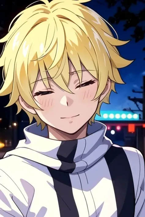 masterpiece, best quality, game cg, 1boy, solo, male focus, looking at viewer, , depth of field, <lora:ryce_100-man:0.76>, ryce_100-man, blonde hair, closed eyes, superhero costume, ,