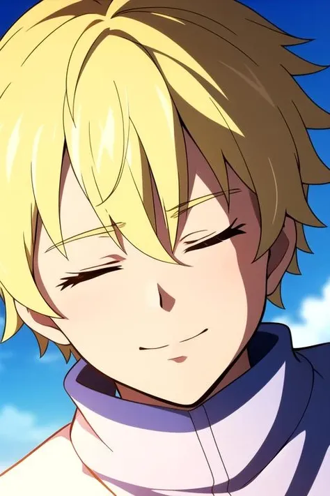 masterpiece, best quality, wallpaper, 1boy, solo, male focus, looking at viewer, , , <lora:ryce_100-man:0.68>, ryce_100-man, blonde hair, closed eyes