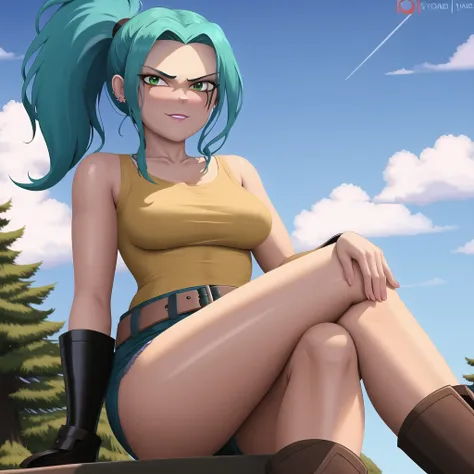 Ember_McLain, masterpiece, best quality, ultra hd, solo, looking at viewer, pinup, ponytail, crossed legs, from below, worm's-eye view, boots