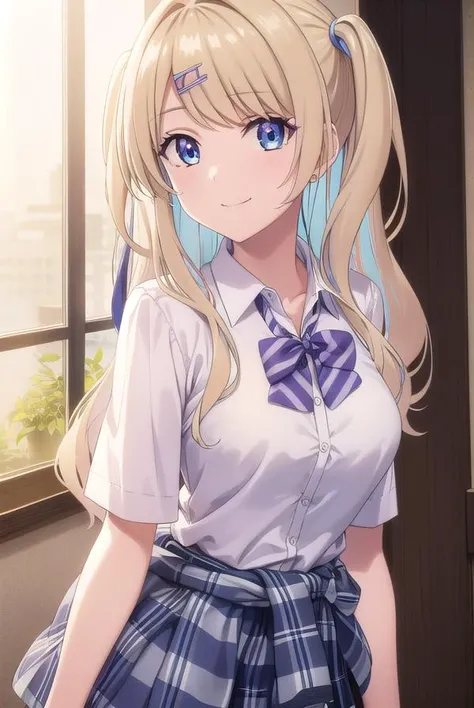 lunashirakawa, <lora:luna shirakawa s1-lora-nochekaiser:0.8>,
luna shirakawa, long hair, blue eyes, blonde hair, hair ornament, bow, multicolored hair, hairclip, smile,
BREAK skirt, shirt, thighhighs, bow, school uniform, white shirt, pleated skirt, shoes, black thighhighs, bowtie, blue skirt, plaid, plaid skirt, loafers, purple bow, clothes around waist, gyaru, purple bowtie,
BREAK looking at viewer,
BREAK indoors, classroom, (cowboy shot:1.5),
BREAK <lyco:GoodHands-beta2:1>, (masterpiece:1.2), best quality, high resolution, unity 8k wallpaper, (illustration:0.8), (beautiful detailed eyes:1.6), extremely detailed face, perfect lighting, extremely detailed CG, (perfect hands, perfect anatomy),