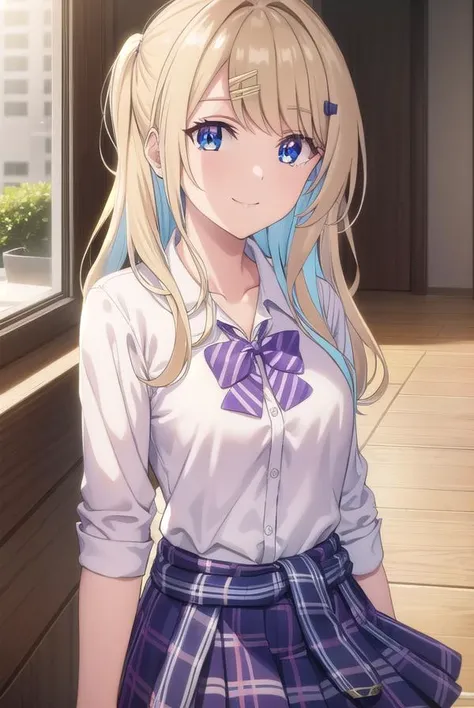lunashirakawa, <lora:luna shirakawa s1-lora-nochekaiser:0.8>,
luna shirakawa, long hair, blue eyes, blonde hair, hair ornament, bow, multicolored hair, hairclip, smile,
BREAK skirt, shirt, thighhighs, bow, school uniform, white shirt, pleated skirt, shoes, black thighhighs, bowtie, blue skirt, plaid, plaid skirt, loafers, purple bow, clothes around waist, gyaru, purple bowtie,
BREAK looking at viewer,
BREAK indoors, classroom, (cowboy shot:1.5),
BREAK <lyco:GoodHands-beta2:1>, (masterpiece:1.2), best quality, high resolution, unity 8k wallpaper, (illustration:0.8), (beautiful detailed eyes:1.6), extremely detailed face, perfect lighting, extremely detailed CG, (perfect hands, perfect anatomy),