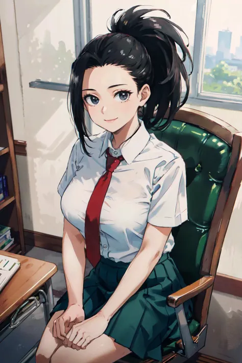 yaoyorozu momo<lyco:yaoyorozu_momo_v1:0.8> (best quality, masterpiece, RAW photo,ultra-detailed:1.2), <lyco:GoodHands-beta2:1.0>,1girl,solo,looking at viewer,,smile,
black hair, ponytail, hair pulled back, black eyes, large breasts, school uniform, white shirt, collared shirt, short sleeves, red necktie, green skirt
school,sitting queen's chair,