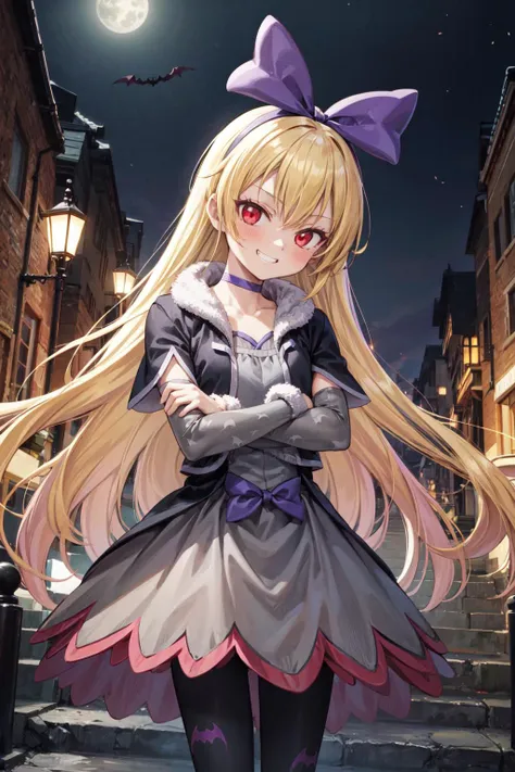 masterpiece,best quality,1girl,regina,(purple ribbon, hair ribbon, red eyes),blonde hair,long hair,grey skirt,pantyhose,bat print pantyhose,animal print,vest,long sleeves,black capelet,arm warmers,choker,fur,evil grin,looking to the side,standing,crossed arms,head tilt,town,night,bat,outdoors,<lora:locon_regina_01:0.9>,<lora:Concept-control tool-add_detail-CyberAIchemist:0.8>,