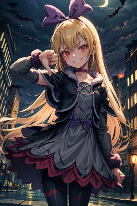 masterpiece,best quality,1girl,regina,(purple ribbon, hair ribbon, red eyes),blonde hair,long hair,grey skirt,pantyhose,bat print pantyhose,animal print,vest,long sleeves,black capelet,arm warmers,choker,fur,evil grin,looking to the side,standing,(thumbs down),head tilt,town,night,bat,outdoors,<lora:locon_regina_01:0.9>,<lora:Concept-control tool-add_detail-CyberAIchemist:0.3>,<lora:thumbs-down:0.8>,