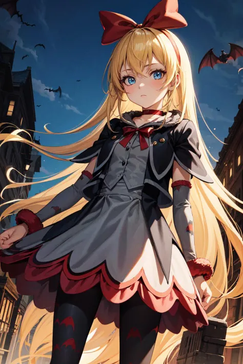 masterpiece,best quality,1girl,regina,(red ribbon, hair ribbon, blue eyes),blonde hair,long hair,grey skirt,pantyhose,bat print pantyhose,animal print,vest,long sleeves,black capelet,arm warmers,choker,fur,expressionless,bored,looking to the side,standing,town,outdoors,<lora:locon_regina_01:0.9>,<lora:Concept-control tool-add_detail-CyberAIchemist:0.3>,