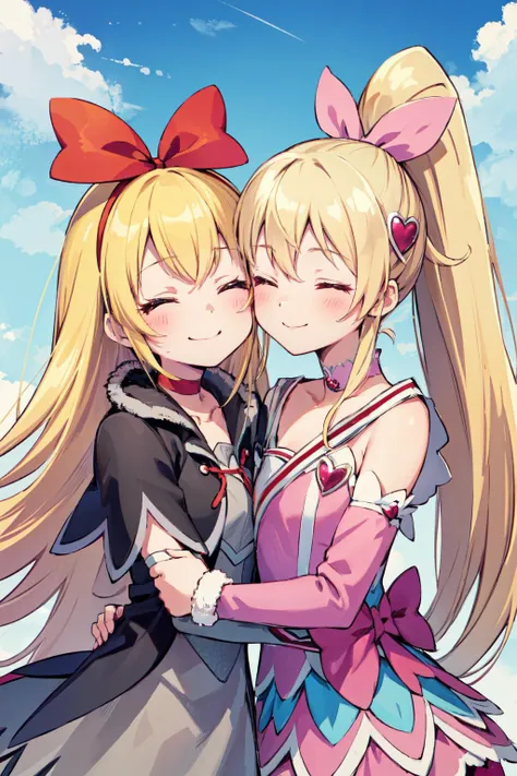 masterpiece,best quality,2girls,leaning on each other,upper body,blue sky,
AND 2girls,leaning on each other,upper body,blue sky,(1girl,regina,((red ribbon, hair ribbon)), blonde hair, long hair, grey skirt, vest, long sleeves, black capelet, arm warmers, choker, fur,smile,closed eyes,<lora:locon_regina_01:0.9>),
AND 2girls,leaning on each other,upper body,blue sky,(1girl,cure heart,blonde hair, heart hair ornament, pink skirt, pink sleeves, detached sleeves, heart, hair ribbon, [[high ponytail]],smile,closed eyes,<lora:locon_cure_heart_04:0.9>),