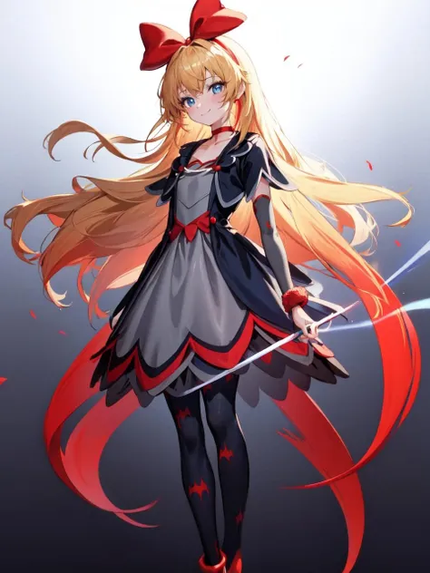 masterpiece, best quality, looking at viewer, depth of field, standing, full body,
1girl, <lora:locon_regina_01:0.95>, regina, (red ribbon, hair ribbon, blue eyes), blonde hair, long hair, grey skirt, pantyhose, animal print, vest, long sleeves, black capelet, arm warmers, choker, fur, high heels,
smile, ((gradient background)), lens flare,