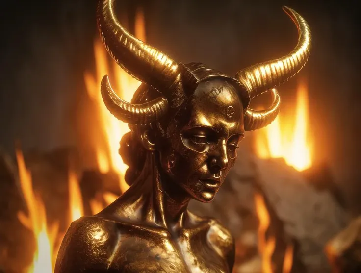 a closeup statue of a (one woman:1.4) with two long horns on her head, b3d, cgsociety, burning in hell, (aged gold, raid on gold:1.3), bronze, dirt on gold body, cgsociety, inspired by James Paick, <lora:abstractor_yiu_v10:0.7>