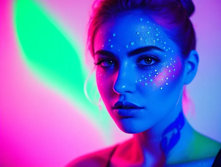 a woman with blue paint on her face, bioluminescent plants, iso:400, katherine mcnamara inspired, aquatic devices, smooth bioluminescent skin, colored spots, liquid red background, otherworldly,  <lora:abstractor_yiu_v10:0.5>