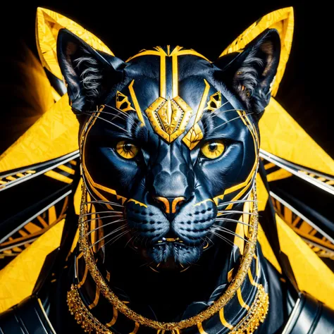 Natalie Shau cinematic highly detailed Head and shoulders portrait of a beautiful black panther with emotive eyes is shown in an intelligently stylized sapphire and yellow fashion, optical illusion body art, chaotic matrix patterns, 3D illustrative paper art, intelligent use of composition, creative use of textures, unique repeating patterns <lora:abstractor_yiu_v10:0.5>
