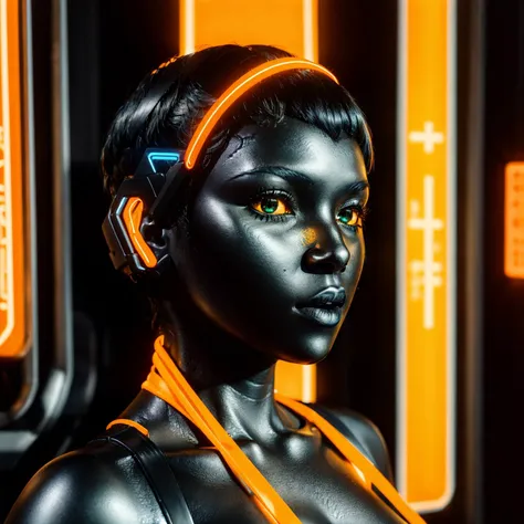 a closeup photo of a woman in a yellow dress, glowing neon vray, synthwave image, orange subsurface scattering, (deep black skin:1.3), ex machina (2014), icon for an ai app, inspired by Ruth Deckard, featured face details, bronze - skinned, eve, <lora:abstractor_yiu_v10:0.5>
