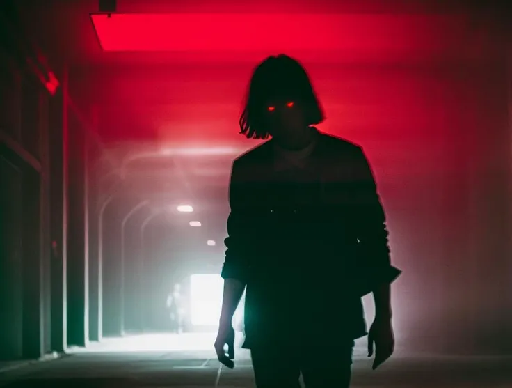 a person standing in a dark room with a red light, featured on unsplash, blurry face, underground scene, controlling shadows, character album cover, red mist, cultist, blurry image, psychosis, 2049, <lora:abstractor_yiu_v10:0.5>