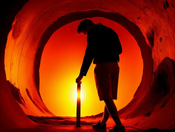 a man standing in front of an orange light, worm hole, unsplash contest winner, agony and suffering, beautiful aesthetic art, imagining a blissful fate, molten, trending on shutterstock, sinking, <lora:abstractor_yiu_v10:0.5>