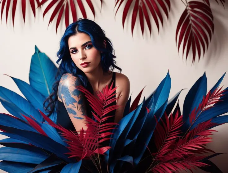 (atelier, indoor, dimmed:1.3), professional photo shoot with professional light, dark space, heavily darkened background, beautiful leaves of (blue and red palm leaves:1.3), a woman with blue and red tattoos, <lora:abstractor_yiu_v10:0.5>