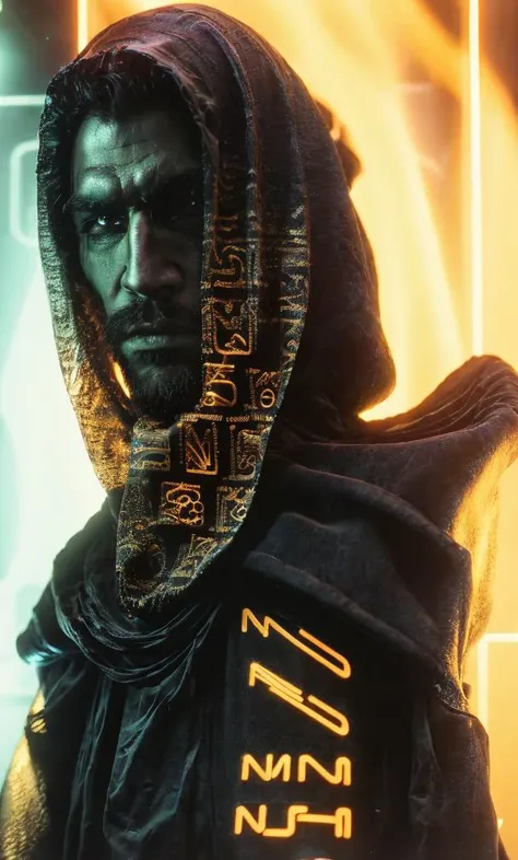 masterpiece, best quality, absurdres,body portrait, scifi, sci-fi (nomad:1.3), rugged sandman, techno-bedouin,photo, technomancer, photograph, uptopistic,dark, (black:1.1), hyper, cgi, gothic, (glow:1.1), nether, glowing digital runes, complex details, raw, professional photo, amber and chaos, 8k detail, gilded black, glitchcore, <lora:abstractor_yiu_v10:0.8>