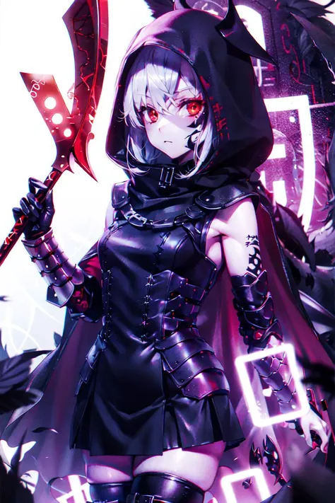 ((masterpiece, best quality, bright-red digital runes, drawing)), (solo girl, black wind hair cute detailed bright red eyes, black leather mask face:1.5, black chest armor and elbow armor, skirt:1.2, black inner clothes, knee pads, stockings, hooded black cloak),
grim-reaper-girl swinging a purple bright digital runes chaos curse magic-scythe, black raven feathers, <lora:abstractor_yiu_v10:0.8>