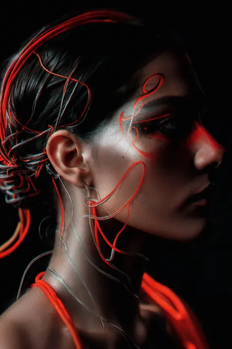 <lora:blcknchrm:0.5> <lora:abstractor_yiu_v10:0.5>
raw photo of a woman with her face painted like a painting, profile, fashion model, (neon wires:1.2), artstation trends, paint drops, silver and red, lights, glowing
red background, amber and chaos, absurdes, glitchcore
hyper detailed, (natural skin texture, hyperrealism) <lora:LowRA:0.7>