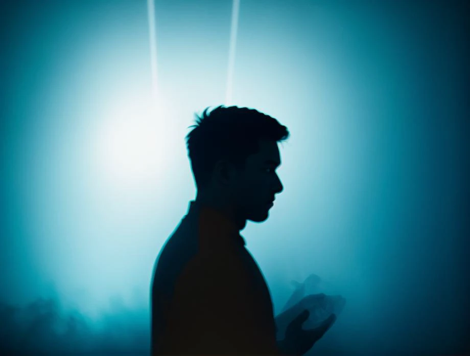 a blurry photo of a person in a dark room, unsplash contest winner, jon sibal. volumetric light, trending on artstaton, interconnected human lifeforms, clap. scifi, in praise of shadows, midnight-blue, aberrations, evocation, <lora:abstractor_yiu_v10:0.5>