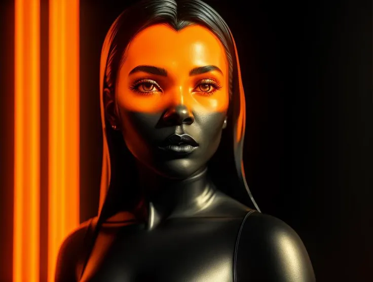 a closeup photo of a woman in a yellow dress, glowing neon vray, synthwave image, orange subsurface scattering, (deep black skin:1.3), ex machina (2014), icon for an ai app, inspired by Ruth Deckard, featured face details, bronze - skinned, eve, <lora:abstractor_yiu_v10:0.5>