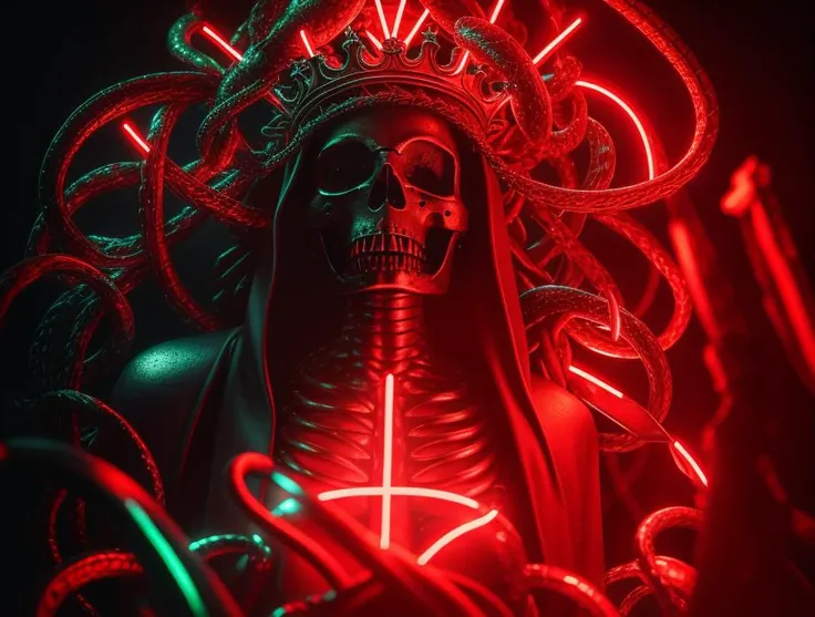 a close up of a statue with a neon light behind it, ash thorp, modern occultist, cinematic red lighting, crown of snakes, character design, chains and (red fluid background:0.7), cinematic still frame, redshift, the king of death, nether, <lora:abstractor_yiu_v10:0.5>
