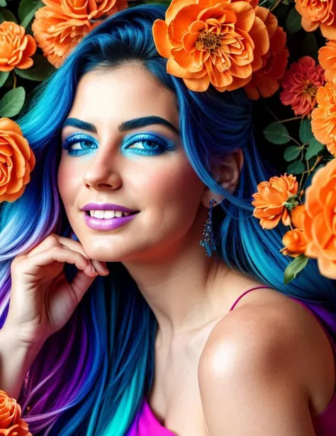 smiling, a closeup woman laying on the ground next to a orange neon, violet and aqua neon lights, forest with flowers blue, cinematic still frame, infrared film, closing eyes, long hair blue centred, red shift, (by Iryna Yermolova), (photo, studio lighting, hard light, sony a7, 50 mm, matte skin, pores, colors, hyperdetailed, hyperrealistic) <lora:abstractor_yiu_v10:0.5>