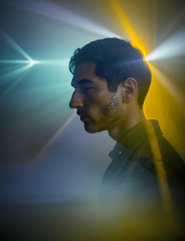 a blurry photo of a person in a dark room, unsplash contest winner, volumetric light, trending on artstaton, interconnected human lifeforms, clap, scifi, in praise of shadows, midnight-blue, aberrations, evocation, (by_____), <lora:abstractor_yiu_v10:0.7>